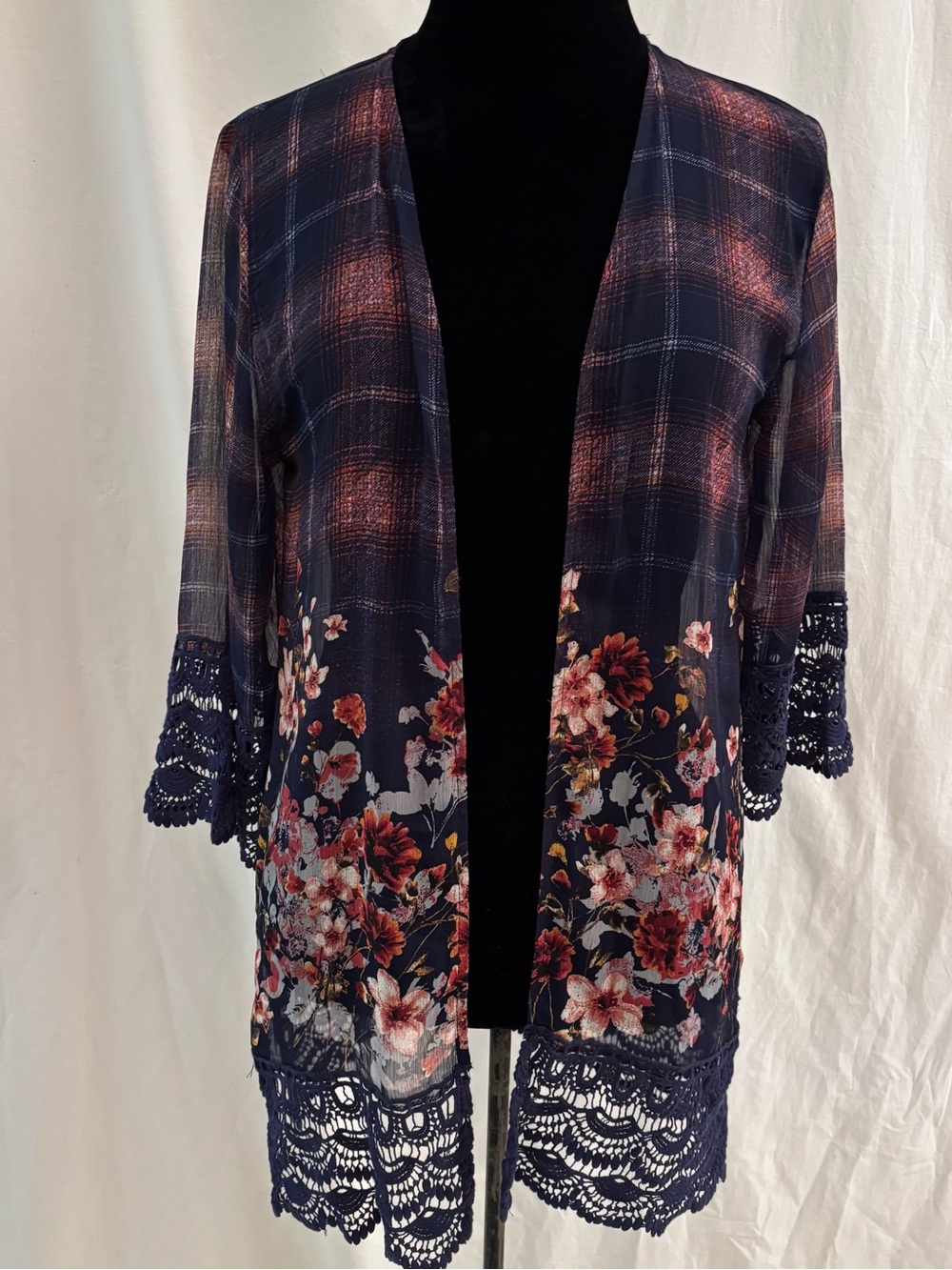 Boho Floral Plaid Lace Kimono Duster Cardigan Cottagecore Dark Academia XS S